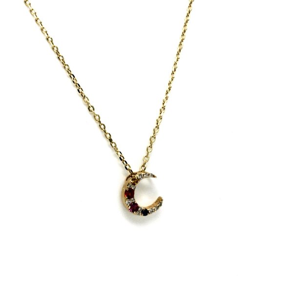 0.12 CT Sapphires 0.06 CT Diamond 14K Yellow Gold Crescent Moon Necklace 16